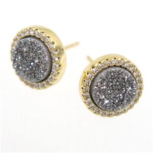 silver Druzy Quartz earring studs paved zircon, circle, gold plated, approx 12mm dia [GMER293]