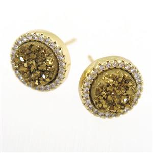 golden Druzy Quartz earring studs paved zircon, circle, gold plated, approx 12mm dia [GMER294]