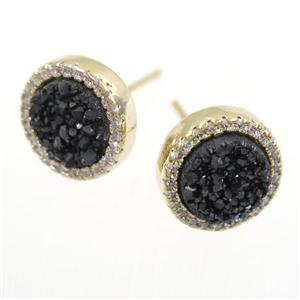 black Druzy Quartz earring studs paved zircon, circle, gold plated, approx 12mm dia [GMER295]