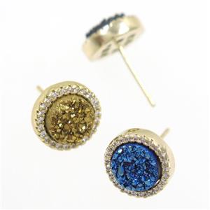 mix color Druzy agate earring studs paved zircon, circle, gold plated, approx 12mm dia [GMER297]