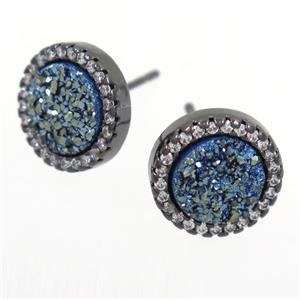 green Druzy Quartz earring studs paved zircon, circle, black plated, approx 12mm dia [GMER298]