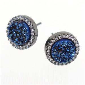 blue Druzy Quartz earring studs paved zircon, circle, black plated, approx 12mm dia [GMER299]