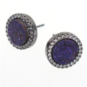 purple Druzy Quartz earring studs paved zircon, circle, black plated, approx 12mm dia [GMER300]