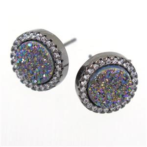 rainbow Druzy Quartz earring studs paved zircon, circle, black plated, approx 12mm dia [GMER301]