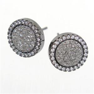silver Druzy Quartz earring studs paved zircon, circle, black plated, approx 12mm dia [GMER303]