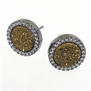 gold Druzy Quartz earring studs paved zircon, circle, black plated, approx 12mm dia [GMER304]