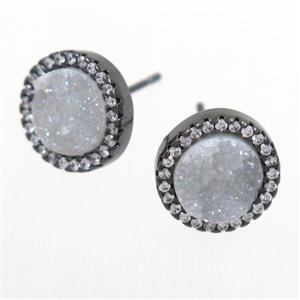 white AB-color Druzy Quartz earring studs paved zircon, circle, black plated, approx 12mm dia [GMER305]