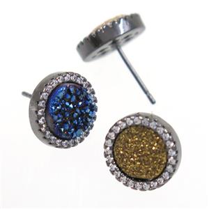 mix color Druzy Quartz earring studs paved zircon, circle, black plated, approx 12mm dia [GMER306]