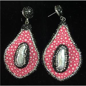 freshwater Pearl earring with pink PU leater pave rhinestone, approx 28-45mm [GMER307]