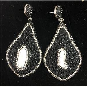 freshwater Pearl earring with black PU leater pave rhinestone, approx 28-45mm [GMER309]