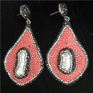 freshwater Pearl earring with red PU leater pave rhinestone, approx 28-45mm [GMER310]
