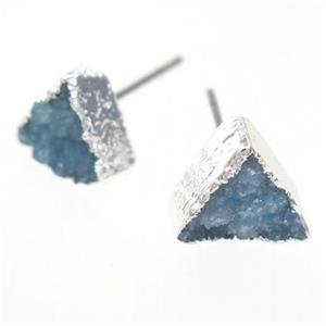 blue druzy quartz earring studs, triangle, silver plated, approx 10mm [GMER314]