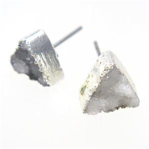 white druzy quartz earring studs, triangle, silver plated, approx 10mm [GMER315]