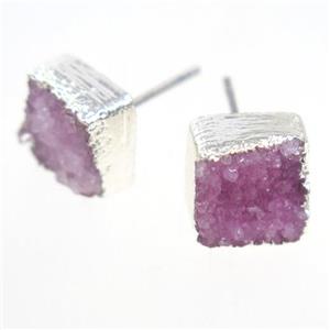 pink druzy quartz earring studs, square, silver plated, approx 10mm [GMER316]