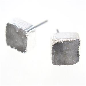 white druzy quartz earring studs, square, silver plated, approx 10mm [GMER319]