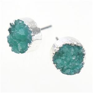 green druzy quartz earring studs, circle, silver plated, approx 10mm [GMER320]