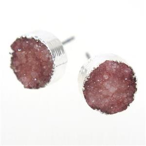 red druzy quartz earring studs, circle, silver plated, approx 10mm [GMER321]