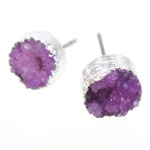 hotpink druzy quartz earring studs, circle, silver plated, approx 10mm [GMER322]