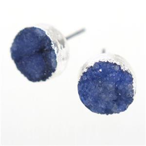 blue druzy quartz earring studs, circle, silver plated, approx 10mm [GMER323]