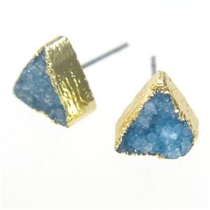blue druzy quartz earring studs, triangle, gold plated, approx 10mm [GMER324]