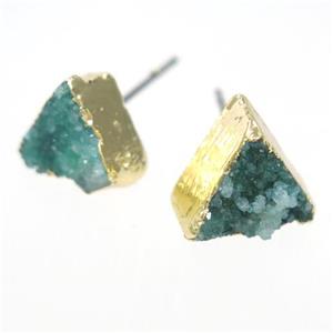 green druzy quartz earring studs, triangle, gold plated, approx 10mm [GMER326]