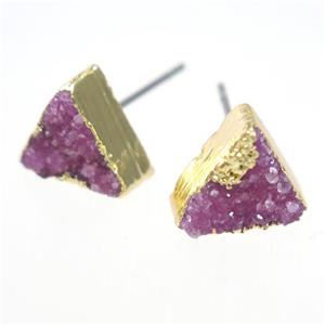 pink druzy quartz earring studs, triangle, gold plated, approx 10mm [GMER327]