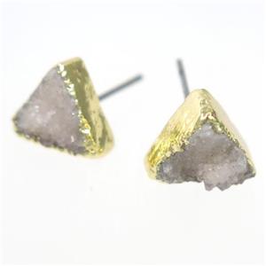 white druzy quartz earring studs, triangle, gold plated, approx 10mm [GMER329]