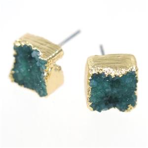green druzy quartz earring studs, square, gold plated, approx 10mm [GMER330]