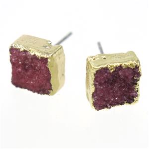 red druzy quartz earring studs, square, gold plated, approx 10mm [GMER331]