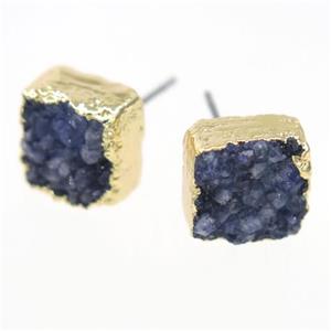 blue druzy quartz earring studs, square, gold plated, approx 10mm [GMER333]