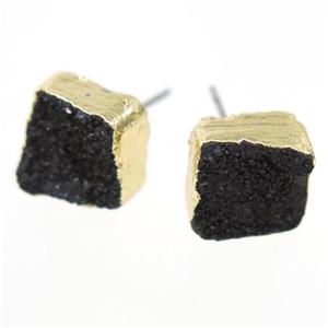 black druzy quartz earring studs, square, gold plated, approx 10mm [GMER334]