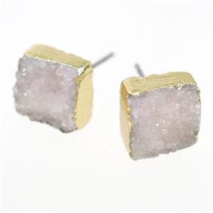 white druzy quartz earring studs, square, gold plated, approx 10mm [GMER335]