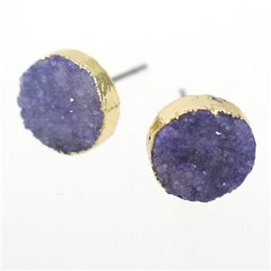 purple druzy quartz earring studs, circle, gold plated, approx 10mm [GMER336]