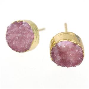 pink druzy quartz earring studs, circle, gold plated, approx 10mm [GMER337]
