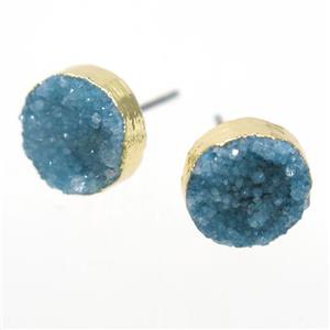 blue druzy quartz earring studs, circle, gold plated, approx 10mm [GMER338]