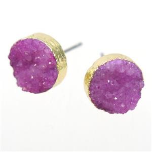 hotpink druzy quartz earring studs, circle, gold plated, approx 10mm [GMER339]