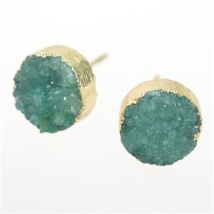 green druzy quartz earring studs, circle, gold plated, approx 10mm [GMER340]