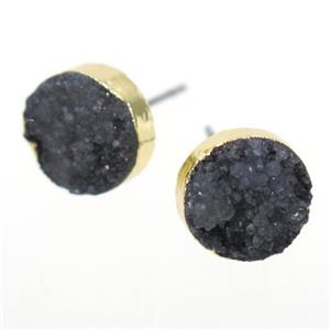 black druzy quartz earring studs, circle, gold plated, approx 10mm [GMER341]