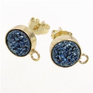 blue druzy quartz earring studs, gold plated, approx 10mm dia [GMER348]