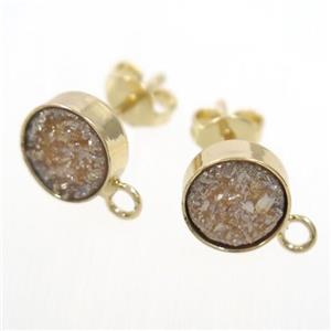 gold champagne druzy quartz earring studs, gold plated, approx 10mm dia [GMER349]