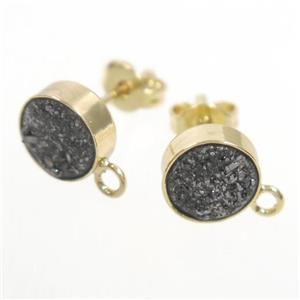 silver druzy quartz earring studs, gold plated, approx 10mm dia [GMER350]