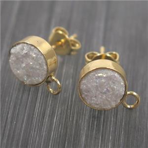 white druzy quartz earring studs with loops, gold plated, approx 10mm dia [GMER351]