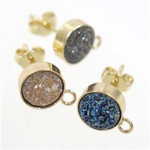 mix color druzy quartz earring studs, gold plated, approx 10mm dia [GMER352]