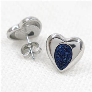 blue druzy quartz earring studs, heart, platinum plated, approx 13mm [GMER353]