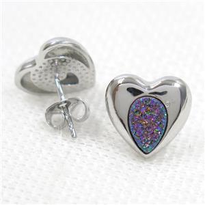 rainbow druzy quartz earring studs, heart, platinum plated, approx 13mm [GMER354]