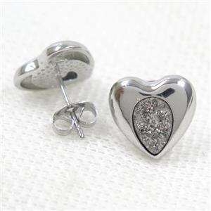silver druzy quartz earring studs, heart platinum plated, approx 13mm [GMER355]
