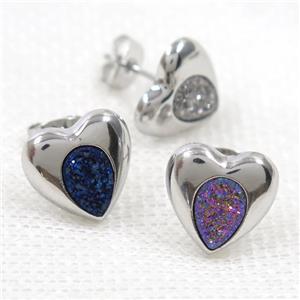 mix color druzy quartz earring studs, heart platinum plated, approx 13mm [GMER356]