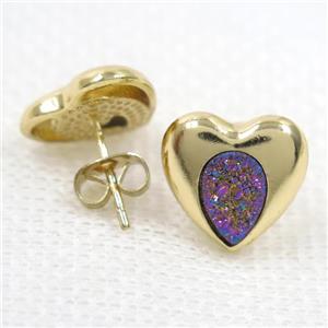rainbow druzy quartz earring studs, heart, gold plated, approx 13mm [GMER357]