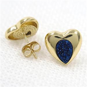 blue druzy quartz earring studs, heart, gold plated, approx 13mm [GMER358]