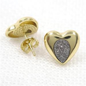 silver druzy quartz earring studs, heart, gold plated, approx 13mm [GMER359]